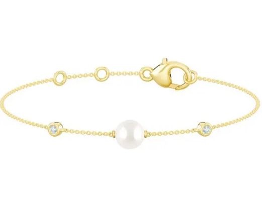 9K YELLOW GOLD 0.07ct FVS LAB DIAMOND FW PEARL BRACELET 17-19cm