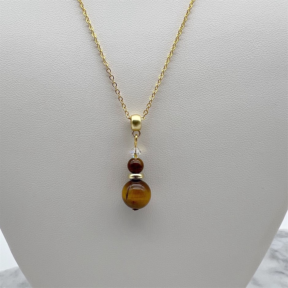 Tiger Eye & Swarovski Austrian Crystal Gold Plated Pendant Necklace