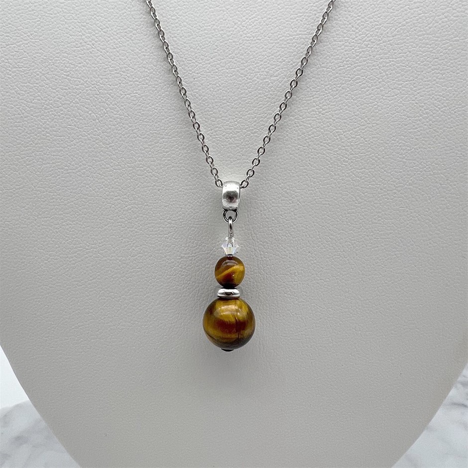 Tiger Eye & Swarovski Austrian Crystal Platinum Plated Pendant Necklace