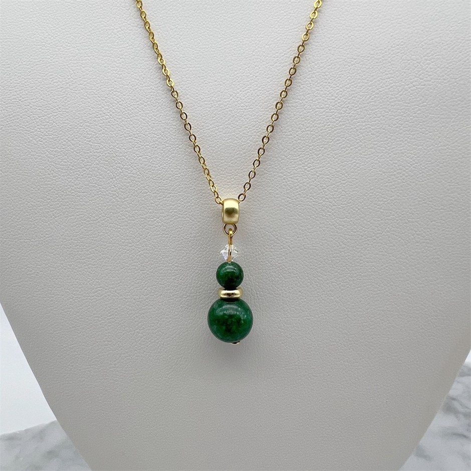 Green Agate & Swarovski Austrian Crystal Gold Plated Pendant Necklace