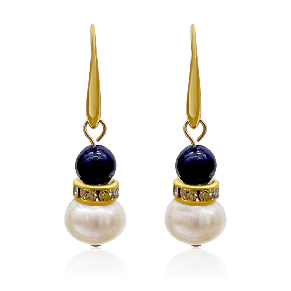Lapis Lazuli & Freshwater Pearl Gold Plated Drop Earrings