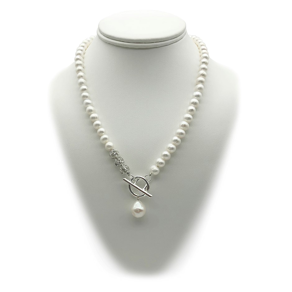 7-8mm Potato & Baroque Pearl with 'O' Toggle & Rhinestones Necklace
