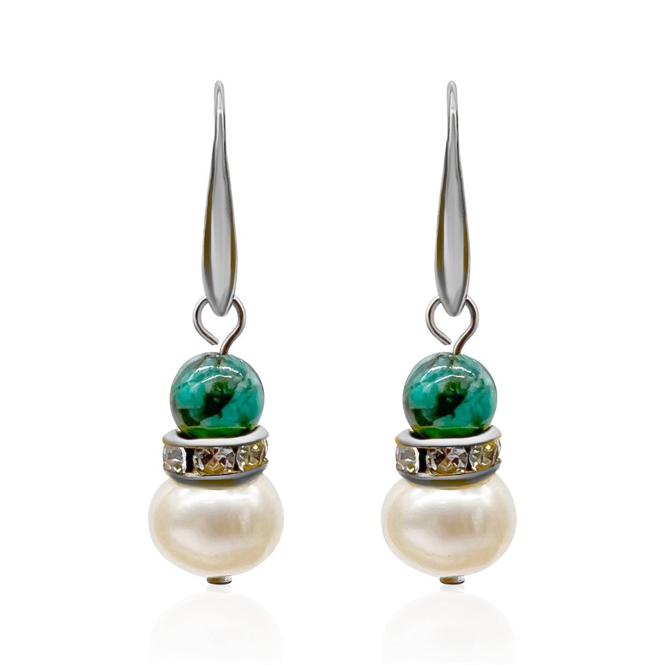 African Jasper 'Turquoise' & Freshwater Pearl Platinum Plated Drop Earrings