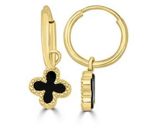 9K Yellow Gold BRACELETACK ONYX CLOVER HUGGIE EARRINGS