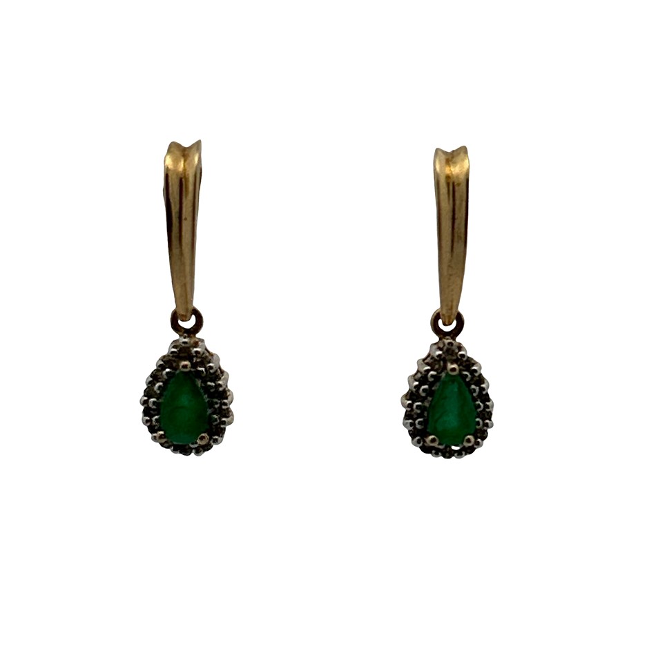 14ct Yellow Gold Emerald & 0.15ct Diamond Drop Earrings