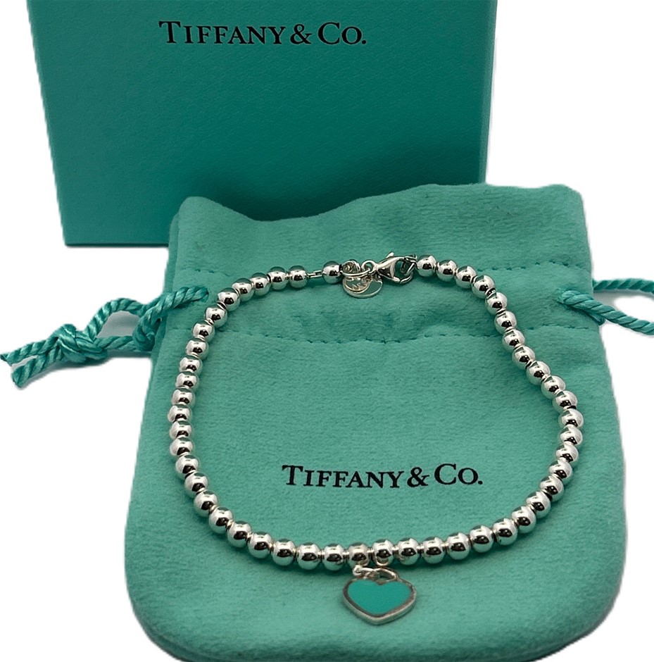 TIFFANY & CO Tiffany Blue Heart Tag Bead Bracelet with Lobster Clasp