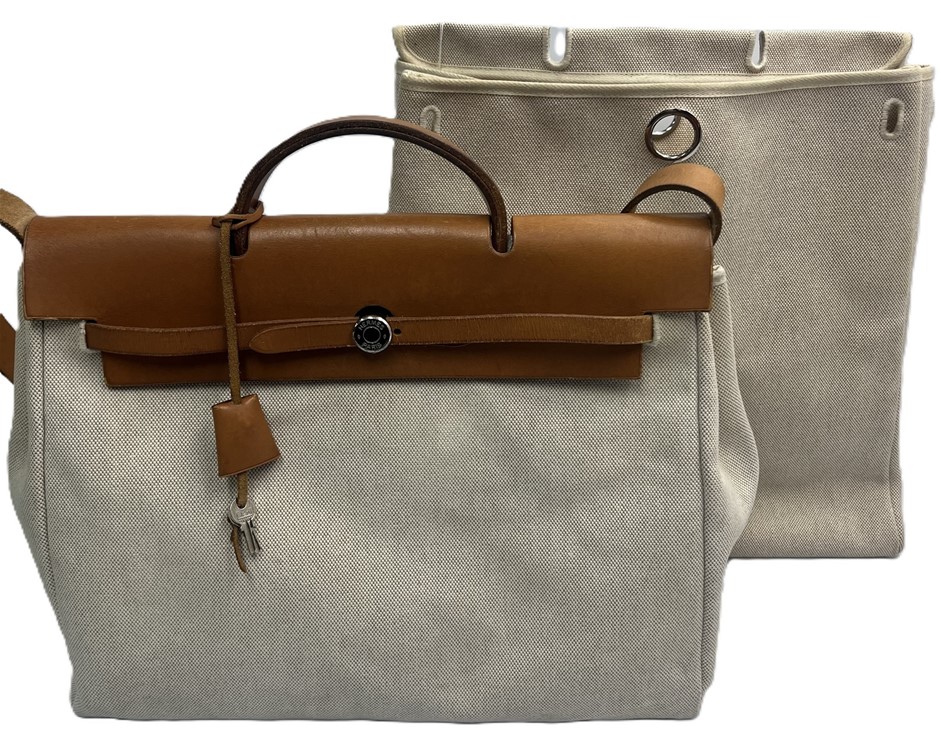 HERMES Herbag 2 in 1 Beige Canvas and Leather Tote Shoulder Bag