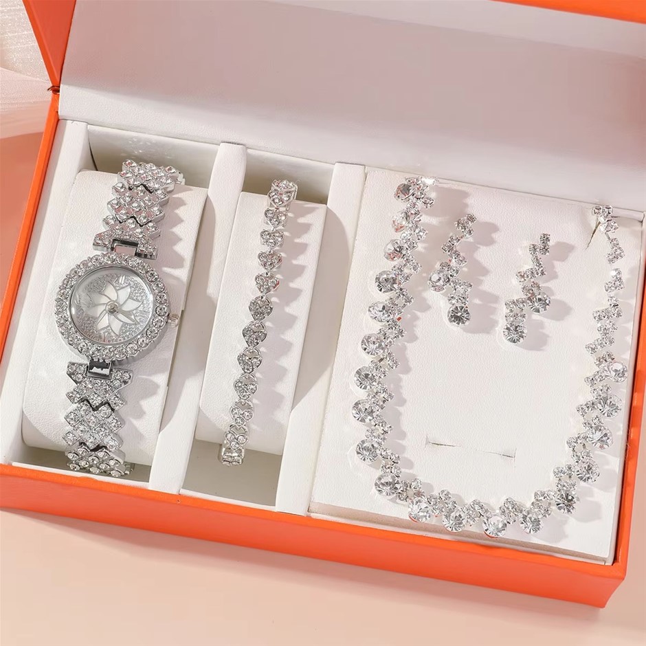4PCS Full Rhinestone Watch and Jewellery Set