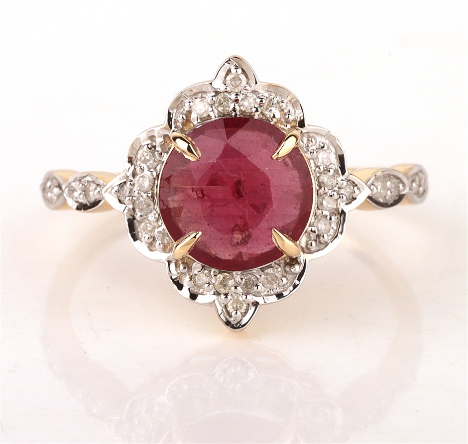 Yellow Gold Natural Ruby & Diamond Ring with Valuation