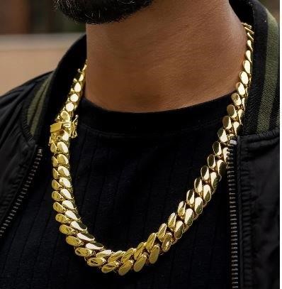 18K/Italy Triple Solid Yellow Gold Plated Cuban Chain -55cm-14mm