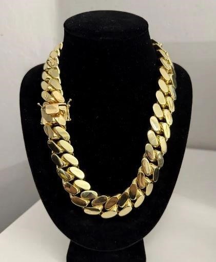 18K/Italy Triple Solid Yellow Gold Plated Cuban Chain -50cm-16mm