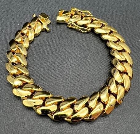 18K/Italy Triple Solid Yellow Gold Plated Cuban Bracelet -22cm-16mm