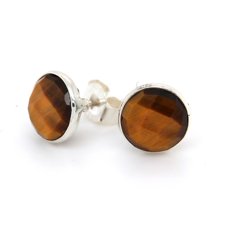 Elegant Handcrafted Tiger Eye Stud 925 Sterling Silver Gemstone Earrings