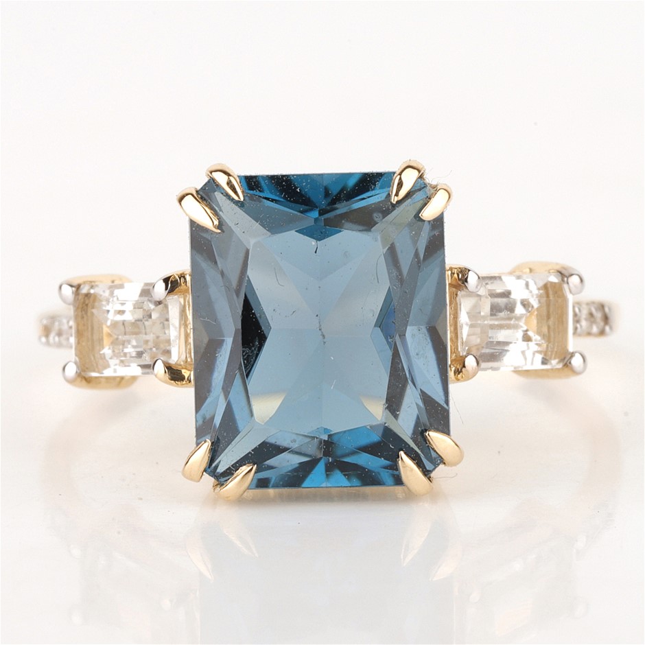 Yellow Gold Natural London Blue Topaz & Diamond Ring with Valuation