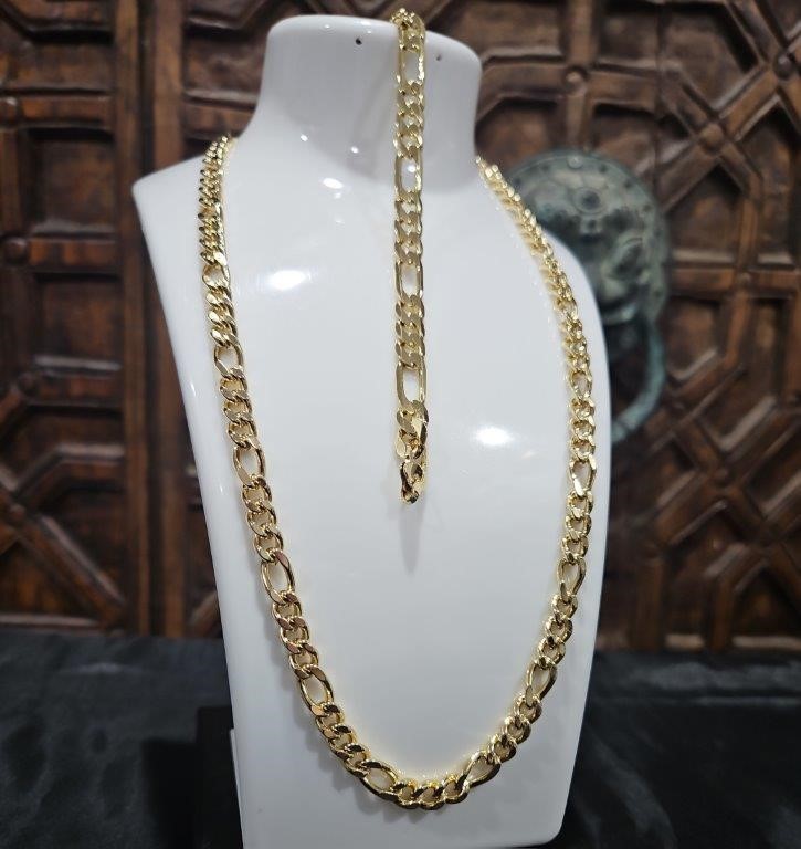 18KGF/Italy Stamped Set Solid Heavy Yellow Gold Filled Chain & Bracelet