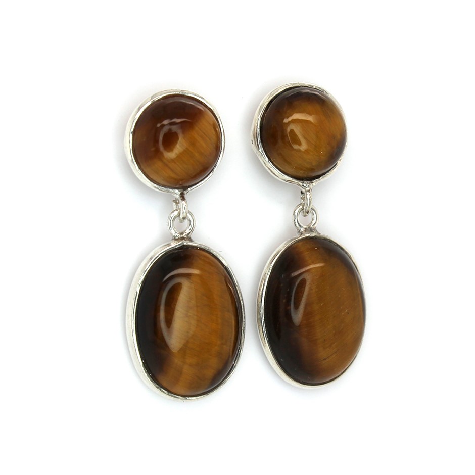 Handcrafted 24 Cts Tiger Eye Drop 925 Sterling Silver Gemstone Earrings
