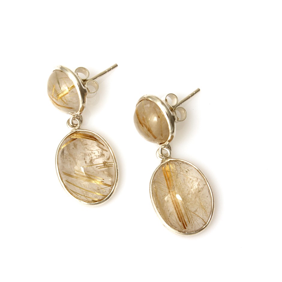 24 Cts Rutilated Quartz 925 Sterling Silver Gemstone Drop Earrings
