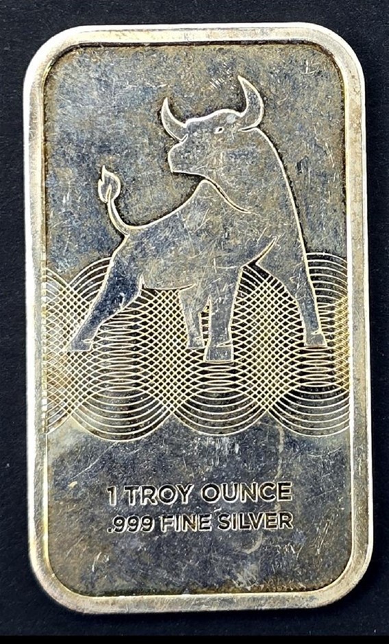 1 Troy Ounce .999 Fine Silver Bar – Wall Street Bull Design