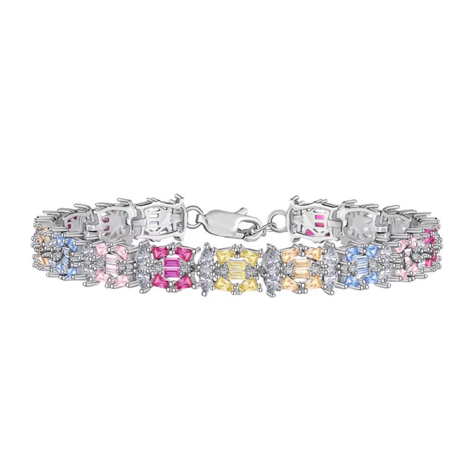 Multi Colour Simulated Diamonds 925 Sterling Silver Tennis Bracelet-17cm