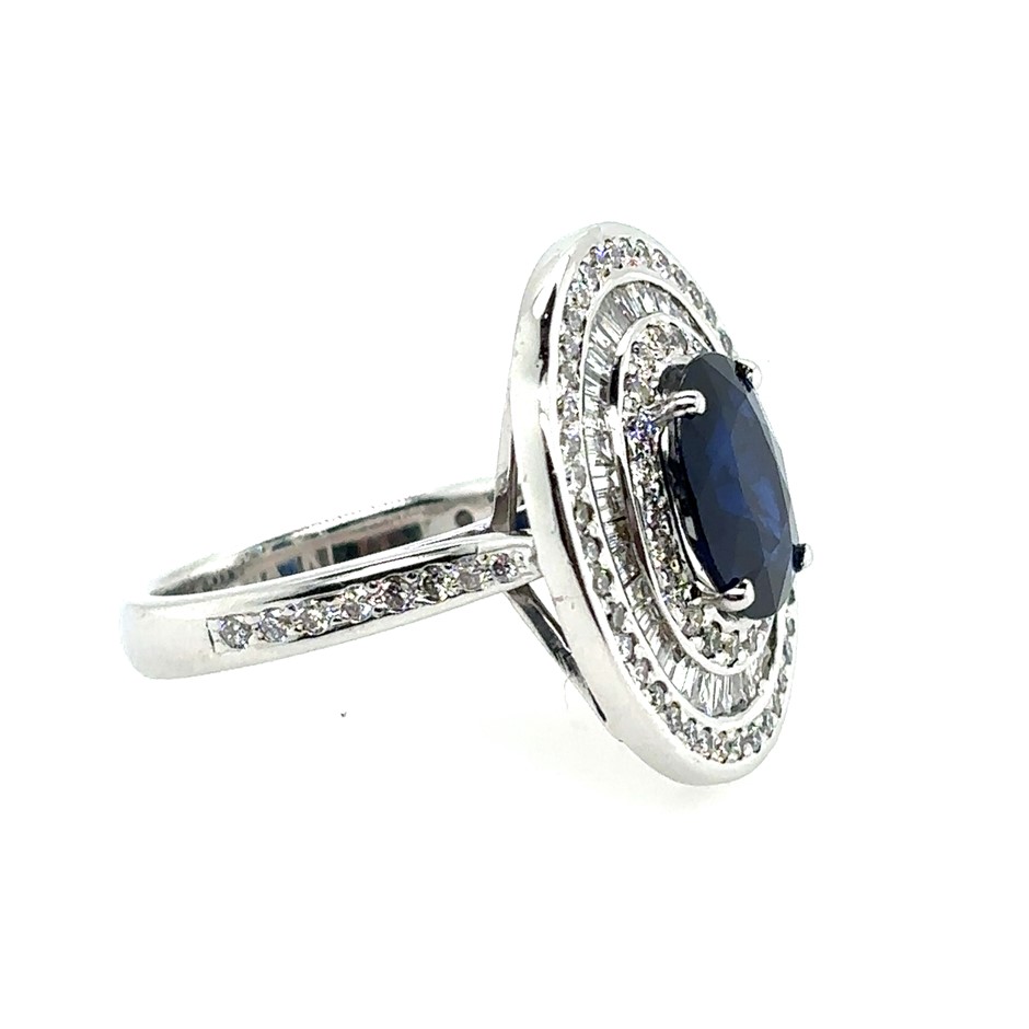 2.32ct Oval Sapphire & Dia. 1.10ct 115 Stones G/VS Ring 18K White Gold