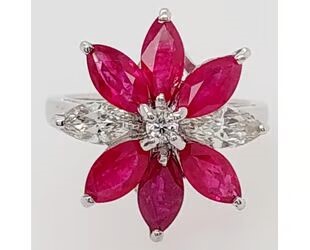 3.86ct marquise 6 Burmese Rubies & Dia. 0.63ct H/SI Ring 18K White Gold