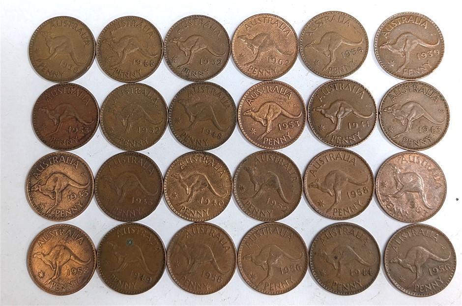 Coin collection of 2 Dozen AUSTRALIA Penny  coins Showing a Kangaroo