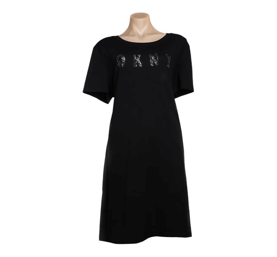 DKNY Women's Sequin Logo Tee Dress, Size S, 95% Cotton, Black/Black (BBL).