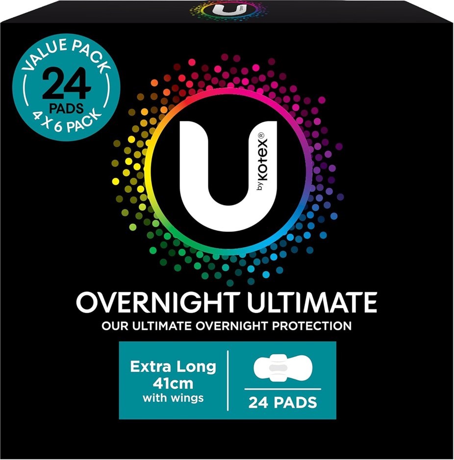 U BY KOTEX Extra Overnight Ultimate Pads with Wings 24 Count (4 Packs x 6pc