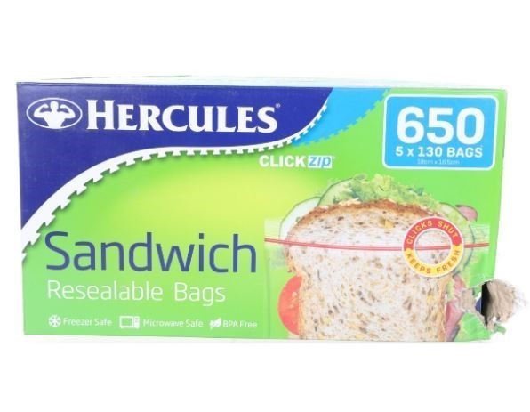 HERCULES 650pk Sandwich Bags Pack of Resuable Click- Zip Bags. N.B. Damaged