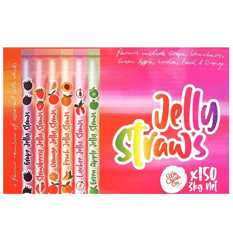 3 x Box of 150pc WE CRUSH ON Jelly Straws, Assorted Fruit Flavours, 3kg. N.
