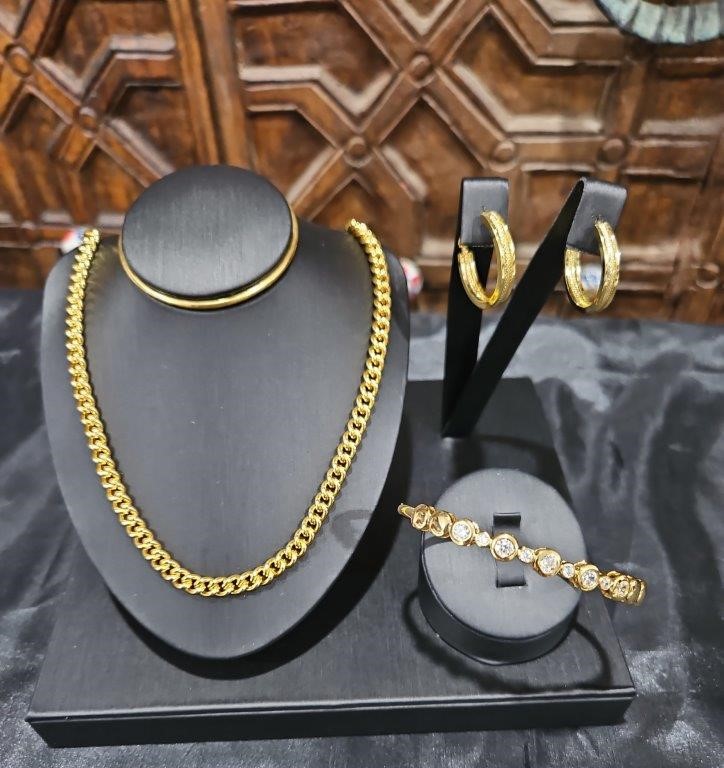 3pcs x 18K/Italy Stamped Yellow Gold Filled Chain & Bangle & Earring