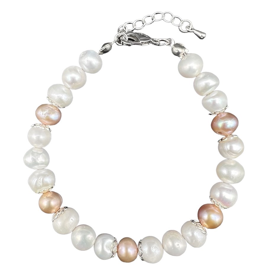 Mix Shape 7-8mm White & Pink Pearls Platinum Plated Bracelet.