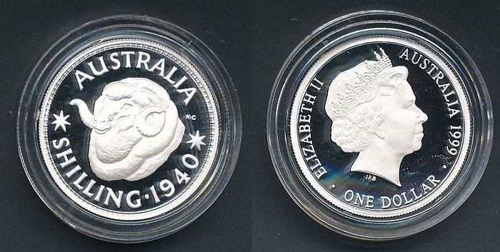 Australia: 1999/1940 1/- rev $1 Pure Silver Masterpiece