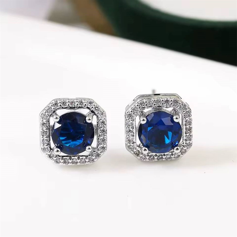 Designer Blue & Simulated Diamond Square Stud Earrings in Silver
