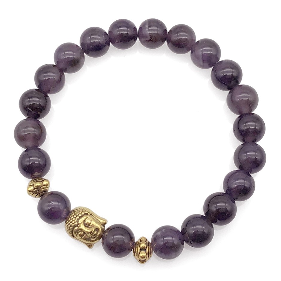 8mm Amethyst & Antique Gold Buddha Charm Beaded Bracelet