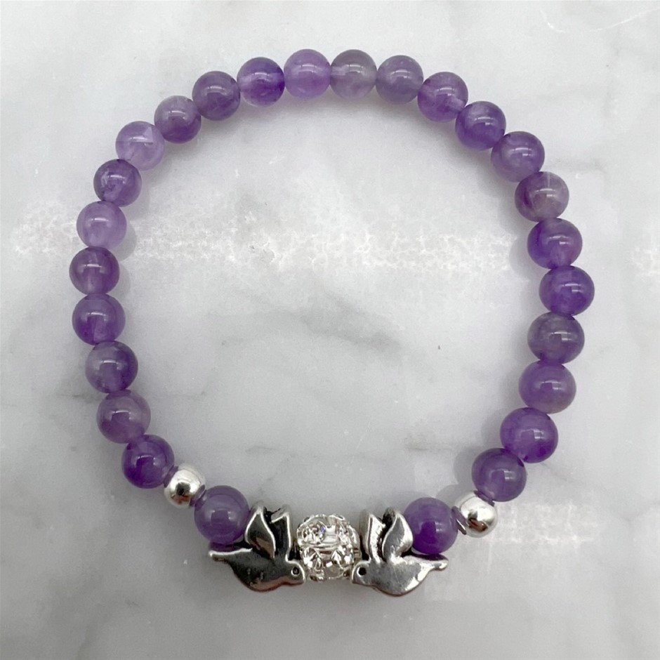 6mm Amethyst Gemstone and Rhinestone Dove Bracelet