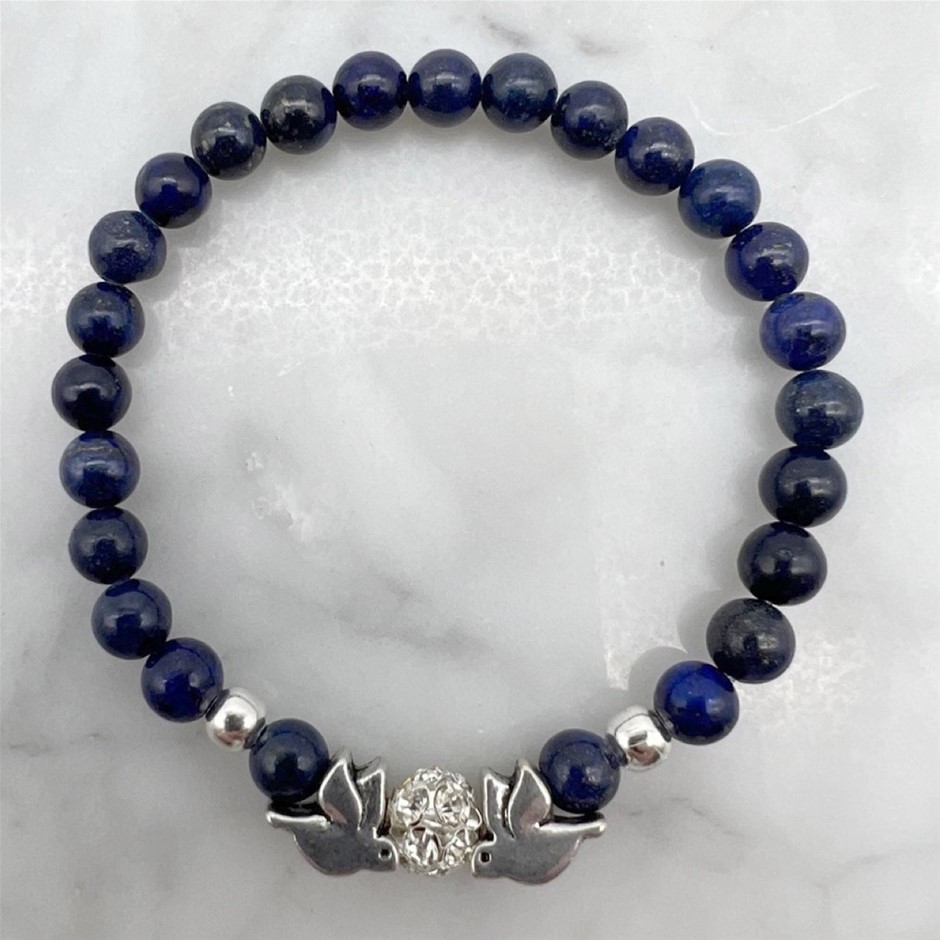 6mm Lapis Lazuli Gemstone and Rhinestone Dove Bracelet
