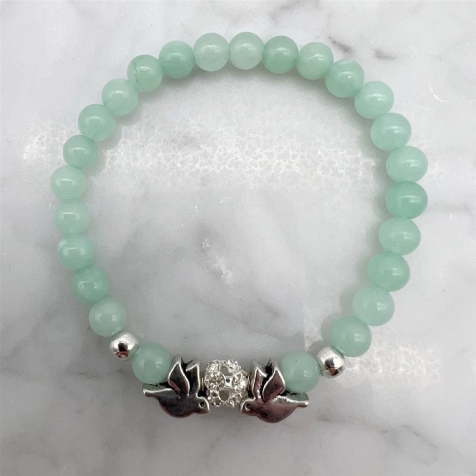 6mm Aqua Malaysia Jade Gemstone and Rhinestone Dove Bracelet