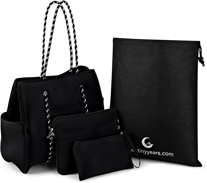 TINYYEARS Set of 3 Neoprene Bags for Women - Large Neoprene Tote Bag, Black