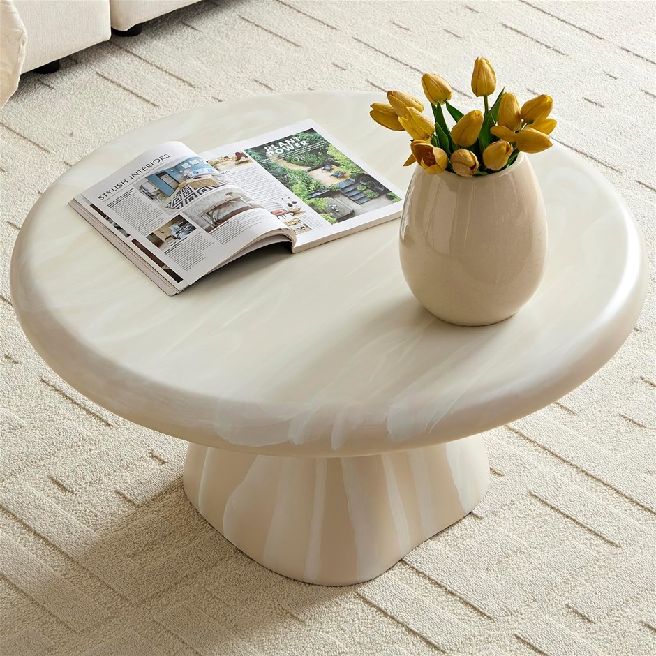 AWORESIS Beige Round Coffee Table, 80CM Fiberglass with Faux Marble Finish,