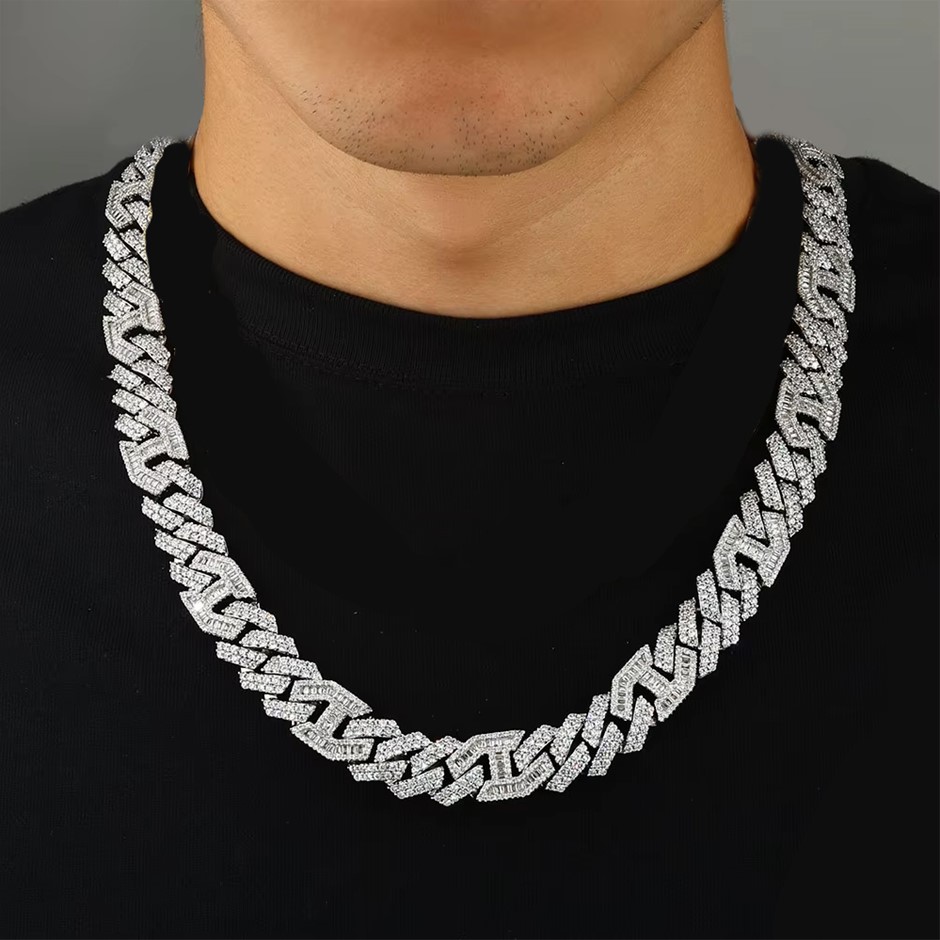 18K White Gold-Filled Cuban Necklace with Simulated Diamonds - 60.9cm