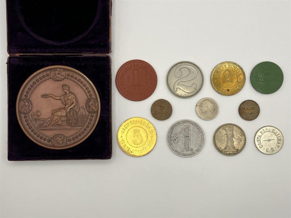 Approx. x12 Asstd World Tokens & Med.- Lat. America & USA, C:1871-1916