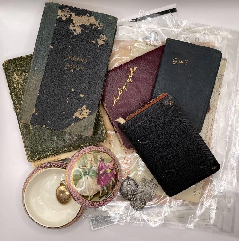 16 x Asst Locket, trinket box, religious medals, books/diaries C:1911-