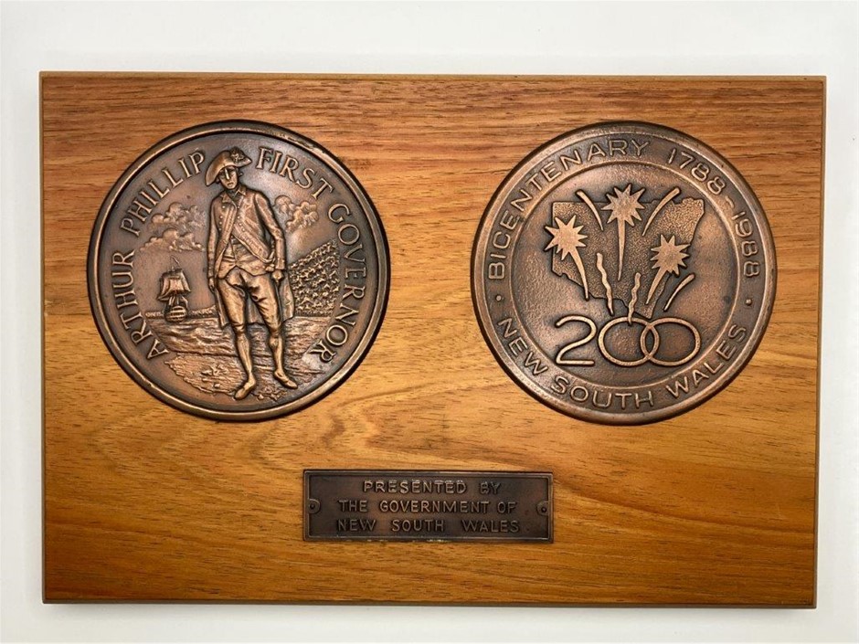 NSW Bi-centenary plaque in metal and timber, C:1988