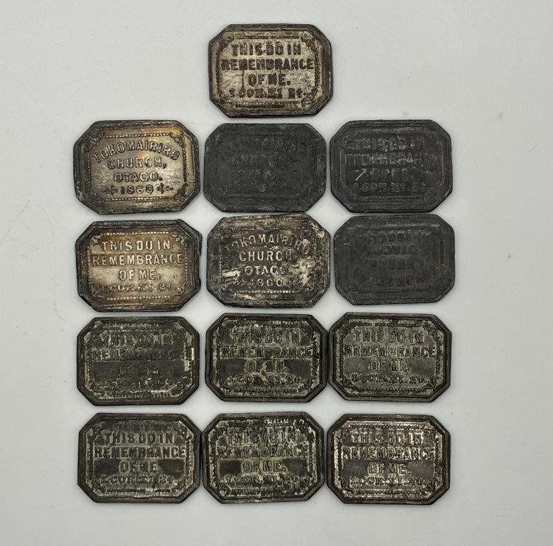 Approx. 13 x NZ Communion Tokens, Tokomairiro Church, Otago, C.1860