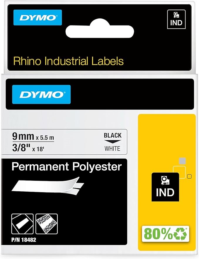DYMO Rhino Industrial Polyester Labels, 9 mm x 3.5 m, Black Print on White,