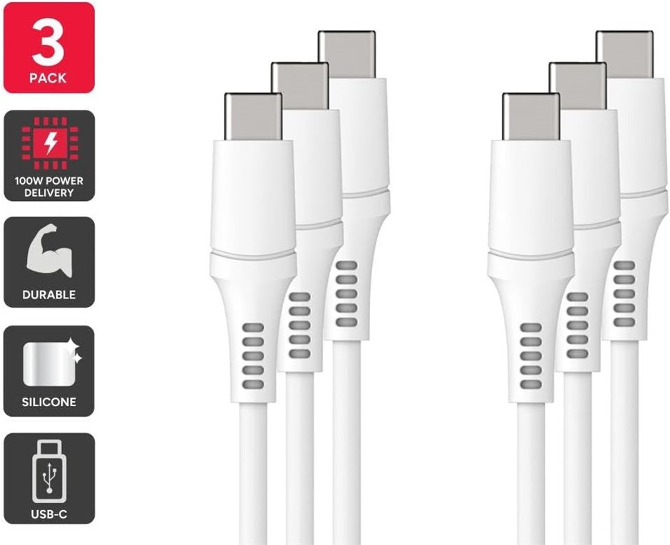 Kogan 100W PD Silicone USB-C Charging Cable (2m, 3 Pack).