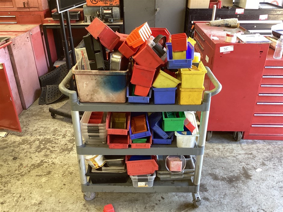 <p>Cleaners Trolley And Various Storage Containers, Large Amount</p>