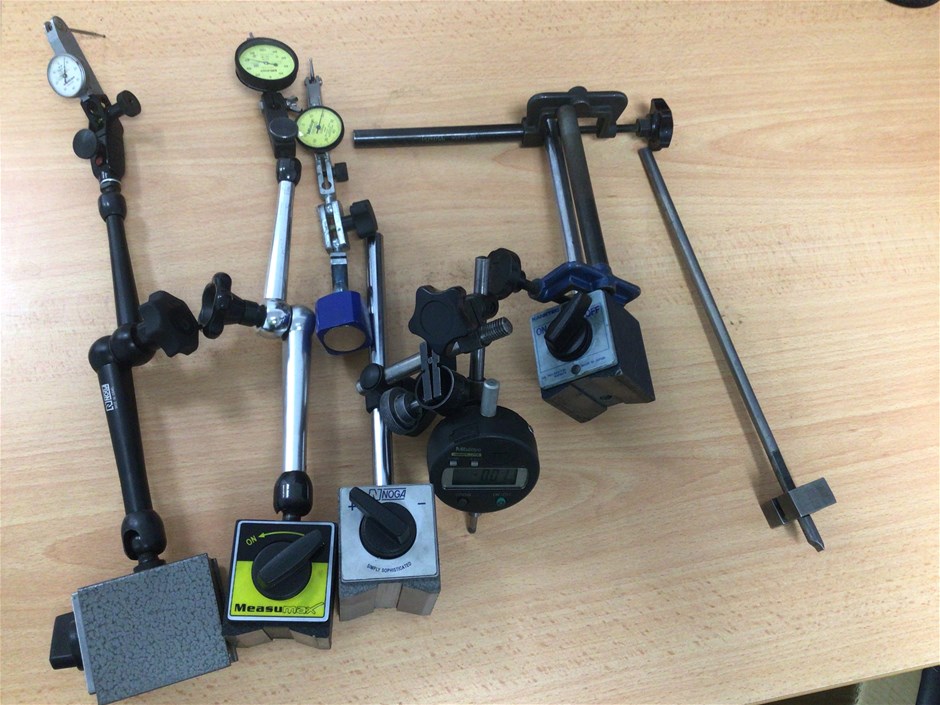 <p>Qty of Assorted Measuring Gauges on Magnetic Base Frames x4</p>