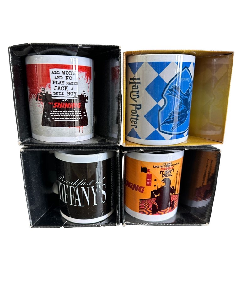 4 x ASSORTED Coffee Mugs inspired by Movies - The Shining, Breakfast at Tif